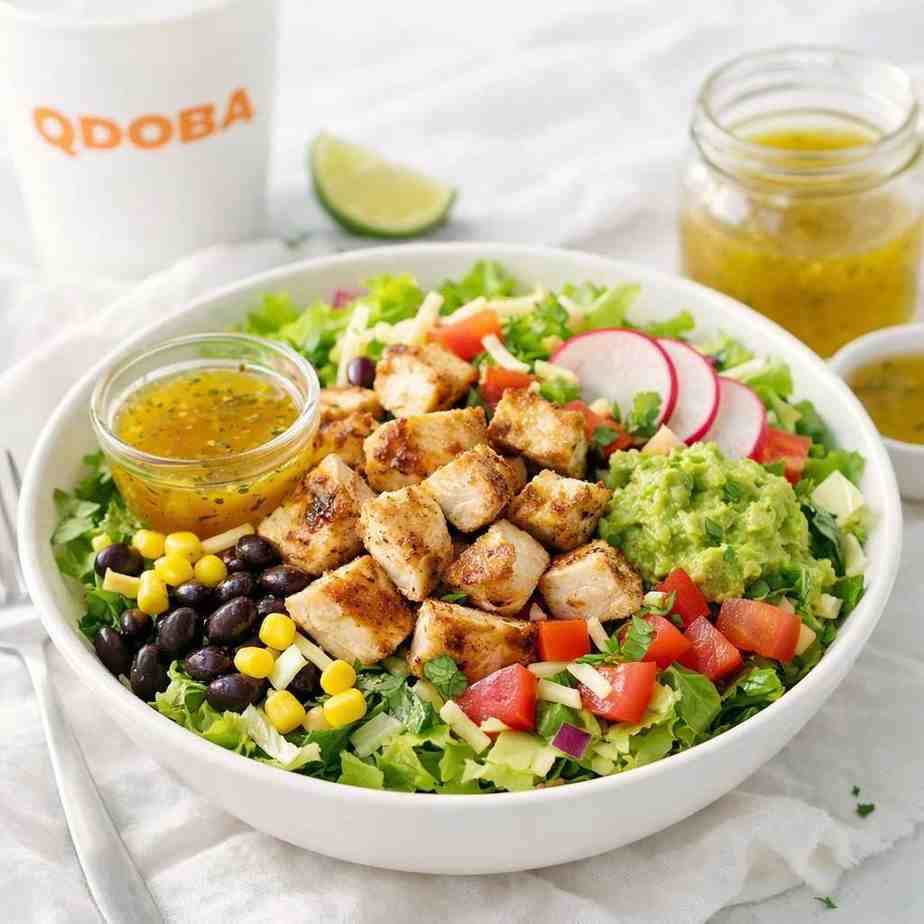 A healthy Qdoba salad with grilled chicken