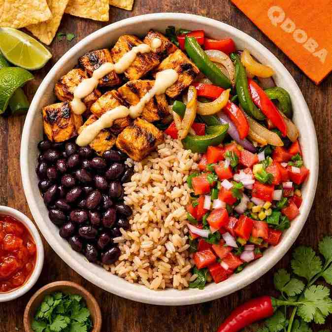 A colorful Qdoba burrito bowl