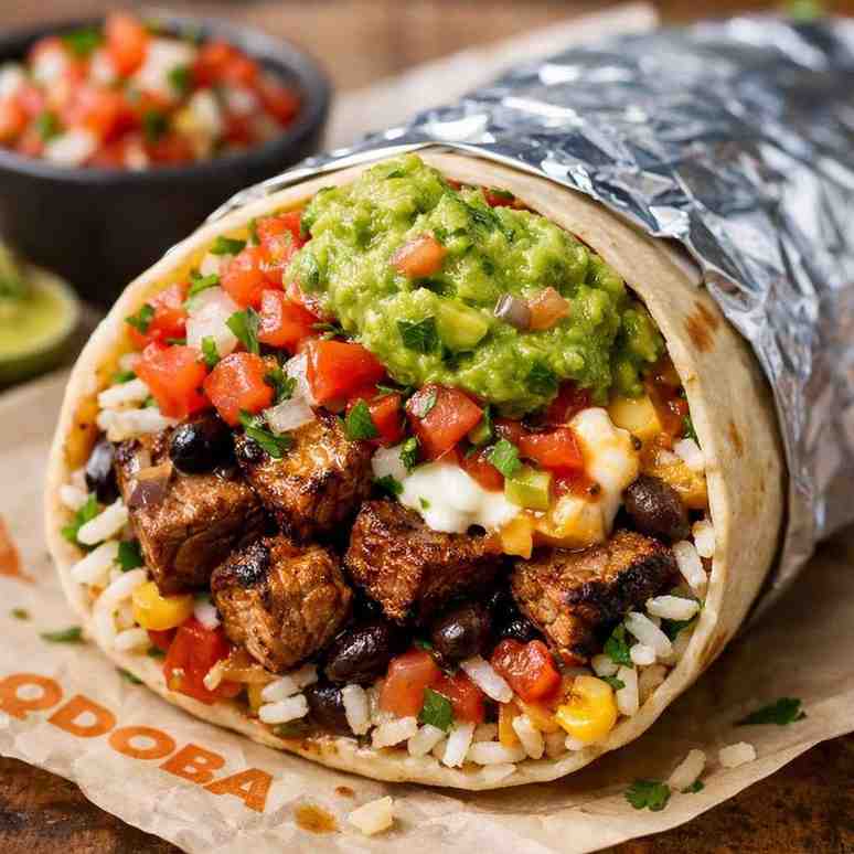 Freshly prepared Qdoba steak burrito