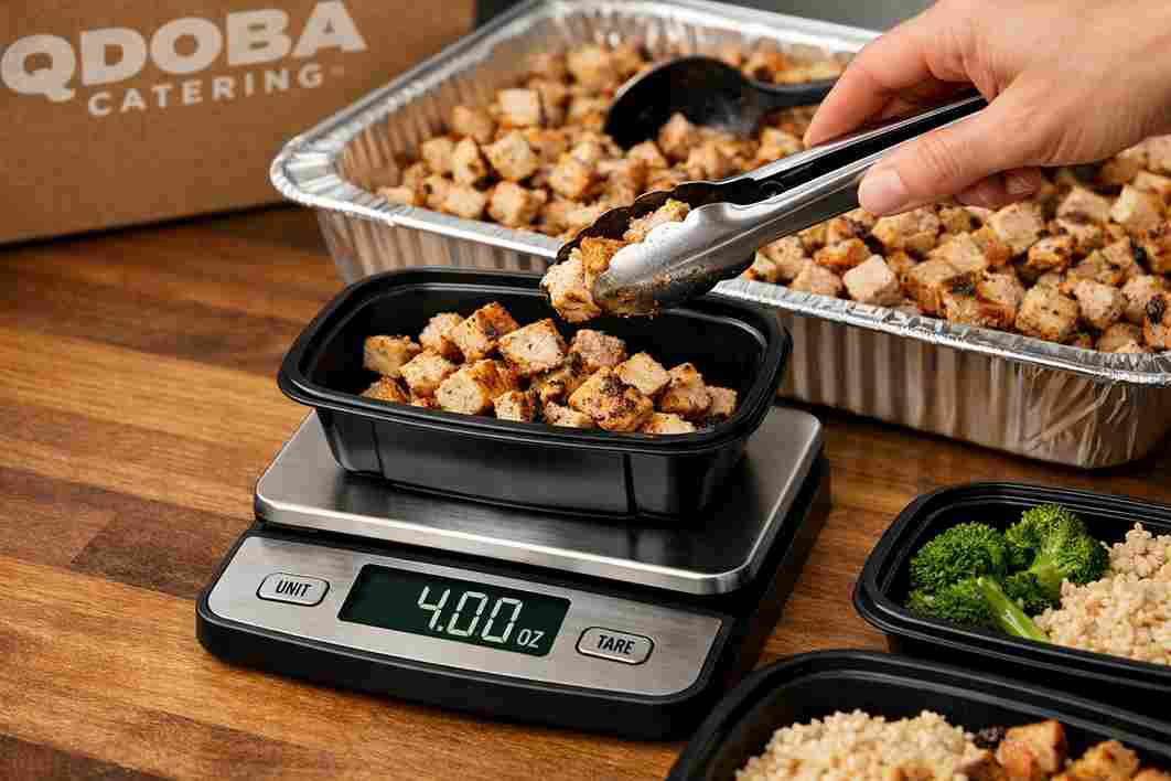 Portioning Qdoba catering into containers