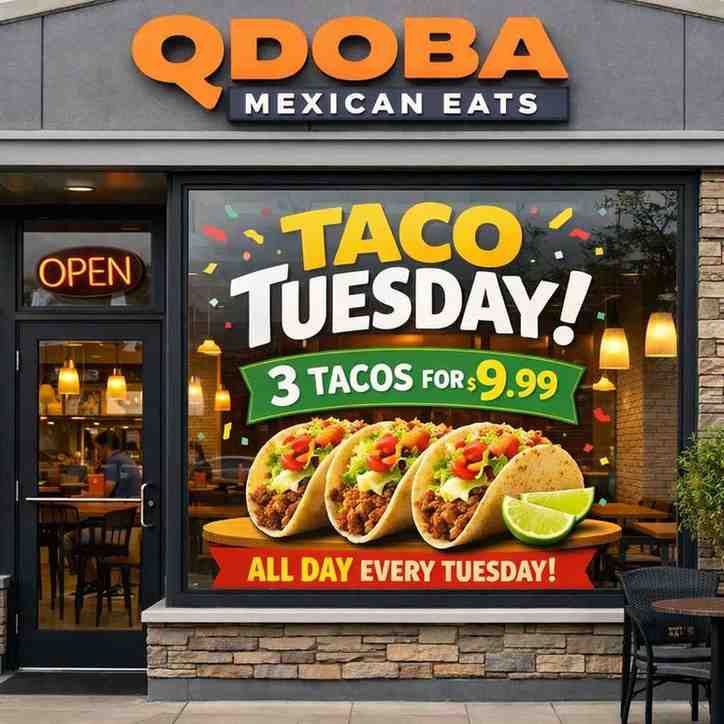 Qdoba storefront with Taco Tuesday deal sign