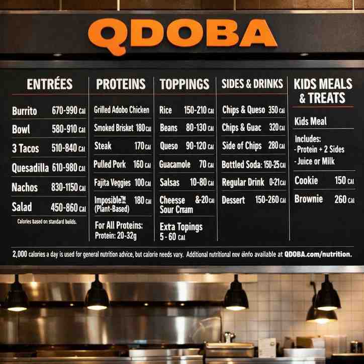 Qdoba menu board with nutritional information