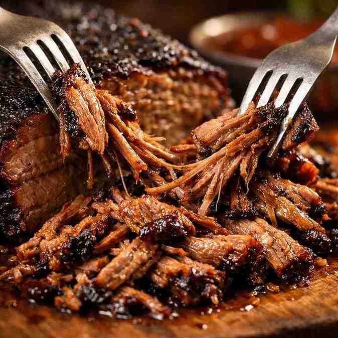 Juicy smoked brisket being shredded at Qdoba