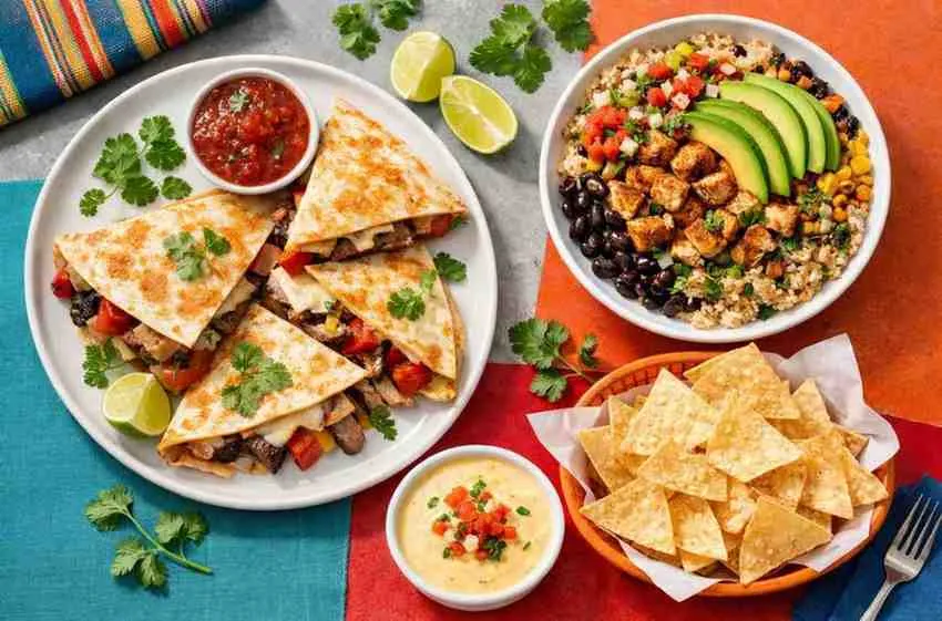 Overhead shot of Qdoba's signature menu items