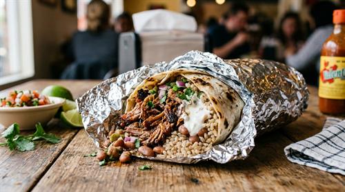 Slow braised shredded pork carnitas burrito wrapped in tin foil