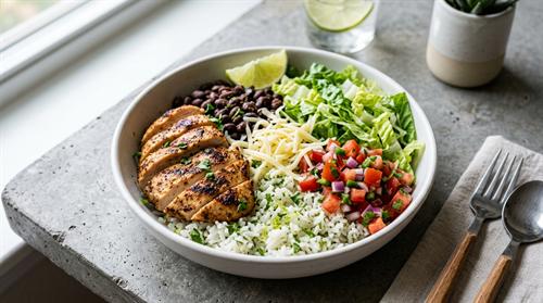 Pancheros Chicken Burrito Bowl on dynamic white background