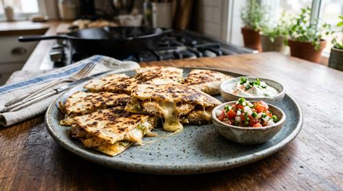 Crispy golden brown chicken quesadilla slice on slate plate