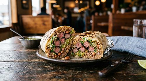 Pancheros Grilled Steak Burrito cut in half showing steak, rice, and beans
