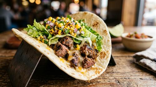 Single steak taco with cheese and salsa